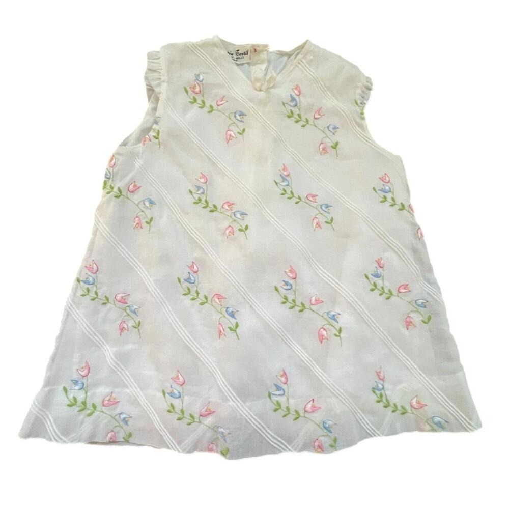 Artesania Textil Dress White Floral Hand Embroidered Pintuck Spain Size 3